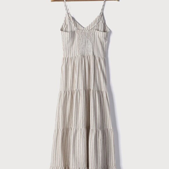 NWT Lulus Beauty at the Beach Tan Striped Tiered Tassel Maxi Dress - Picture 6 of 10